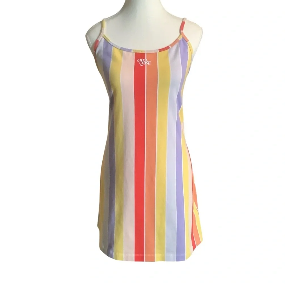 NIKE RETRO RAINBOW STRIPE MINI DRESS WITH EMBROIDERED LOGO/ Size L - Picture 2 of 13